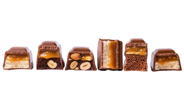 Chocolate bars with caramel nougat peanuts, and biscuit layers