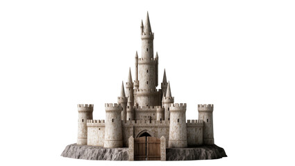 Fairytale stone castle with tall spires and wooden gate © Sophia