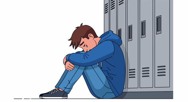 Sad youth in blue hoodie crouches by lockers, weeping