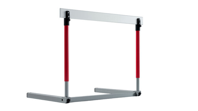 Athletic hurdle with white bar and red uprights on grey base