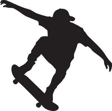 Silhouette of a skateboarder performing a trick in the air, dynamic action pose of a person skateboarding, urban extreme sports concept, black graphic design element