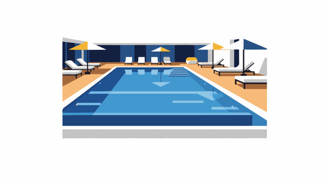 A modern swimming pool with lounge chairs and umbrellas on a sunny day