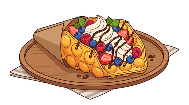 Bubble Waffle Taco with Berries, Cream, and Chocolate Drizzle