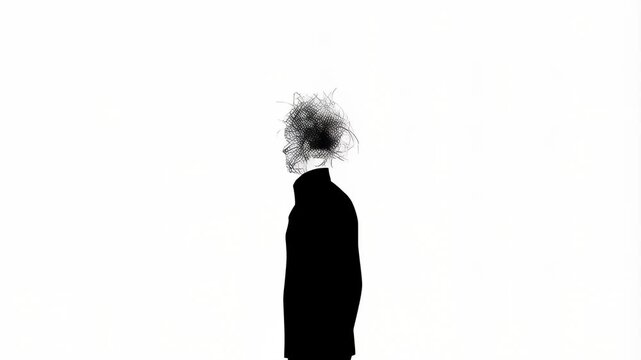 Abstract transformation: silhouette with evolving scribble head on white background