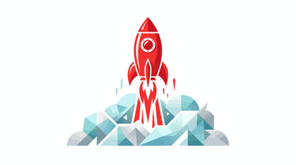 Red Rocket Launching with Geometric Clouds and White Background © Sepeda