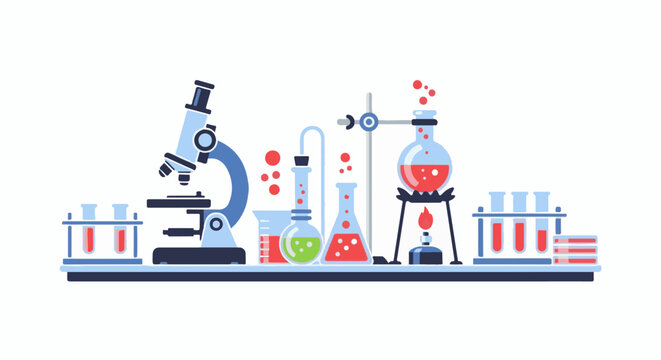 Colorful science lab equipment with a microscope and flasks