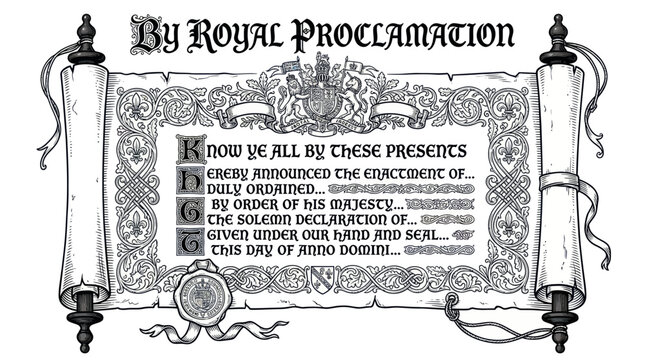 Royal Proclamation Scroll with Coat of Arms and Wax Seal - Vintage Illustration