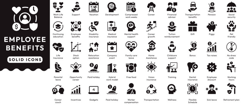 Employee Benefits icon set contains health insurance, pension, reward, bonus, social security, mental, motivation, opportunity, paid vacation, corporate, management. Solid icons vector illustration