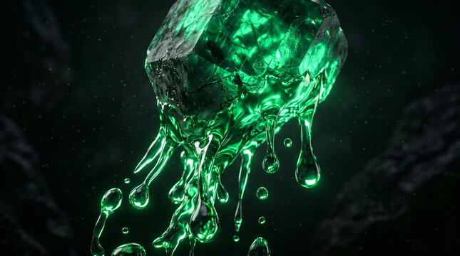 Melting green gemstone with viscous liquid droplets falling in dark space