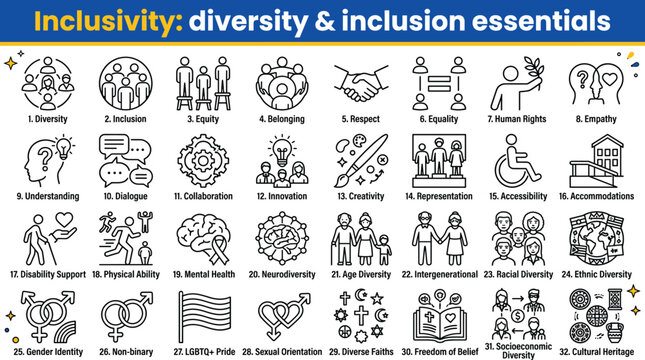 Inclusivity diversity and inclusion essentials, set of 32 line icons for social equity and human rights, corporate culture and community vector symbols