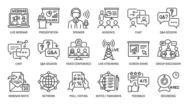 Webinar online meeting communication icons.