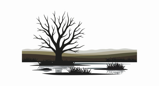 Bare tree silhouette reflects in calm water amidst muted landscape