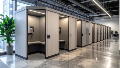 Fototapeta premium Modern Private Phone Booths Lined Up in Bright Open Plan Office