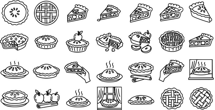 Food and Baking Apple Pie Icons Set in Black  White Line Art Style. Outline Vector Collection of Whole Pies, Slices, and Desserts for Thanksgiving  Holiday Meals.