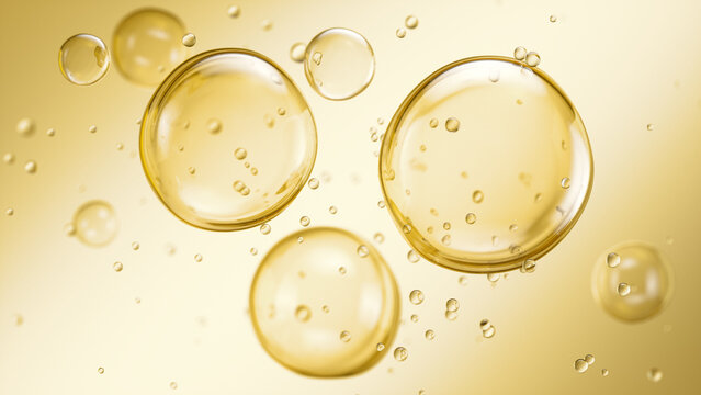 3D illustration of collagen and vitamin serum bubbles swirling in a clear liquid for skincare background.