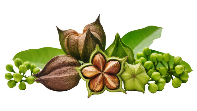 Sacha Inchi pods and seeds with leaves and berries