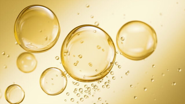 3D illustration of collagen and vitamin serum bubbles swirling in a clear liquid for skincare background.