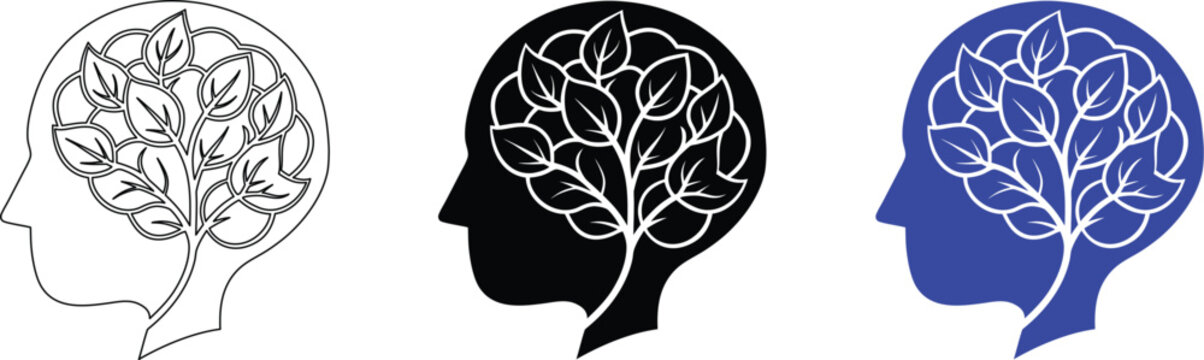 Human head profile with tree inside line art black and blue icons.
