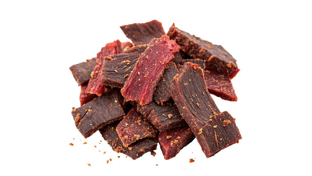 Dehydrated cured beef jerky pieces stacked together isolated on transparent background