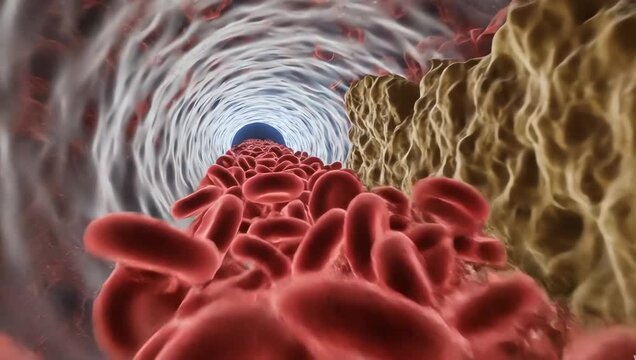 Bloodstream struggling through partially blocked coronary arteries, glowing red blood cells colliding softly against narrowing vessel walls