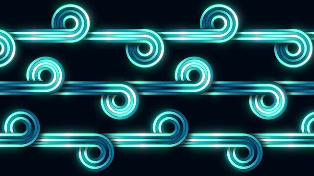 Looping waves abstract background symbolising wind or water. Stripes pattern in blue, turquoise on black background. 