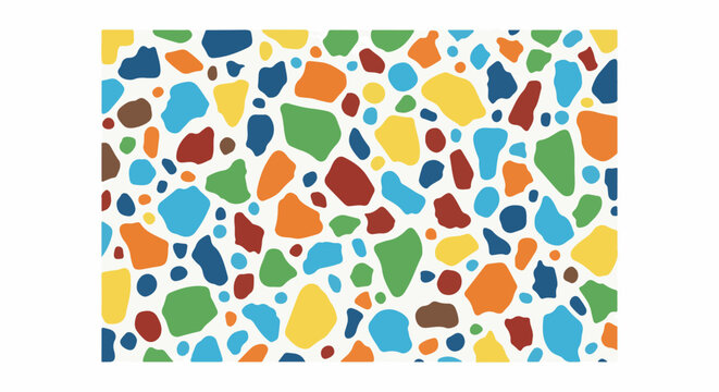 A vibrant abstract pattern of scattered, irregular shapes in multiple colors