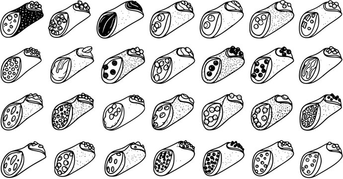 Black and White Line Art Food Illustration: Seamless Pattern of Italian Cannoli Pastries with Various Fillings and Toppings, Delicious Dessert Doodle