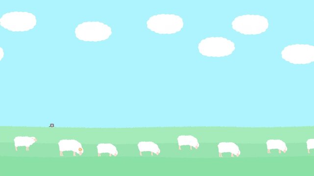 牧草地で牧羊犬と一緒に草を食む羊の群れ。青空と雲。イラスト付き動画。