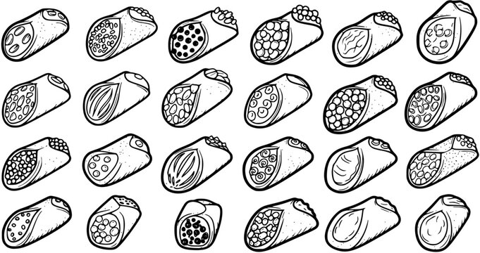 Food Industry Black and White Line Art Collection of Hand-Drawn Italian Cannoli Pastries - Sweet Desserts Vector Set