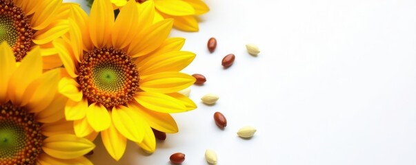 Obraz premium Close-up of sun-kissed sunflowers and seeds on pure white , summer, ripe
