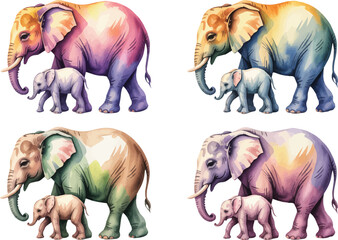 set of watercolor A Mother Elephant With Her Kid vector illustration isolated on white background © creative