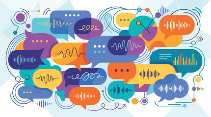 Obraz premium Abstract voice recognition vector, colorful speech bubbles with audio sound waves, digital communication and podcasting concept illustration