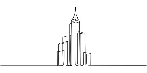 Obraz premium Black and white of skyscrapers with a prominent central tower cityscape line central tower buildings continuous one line drawing