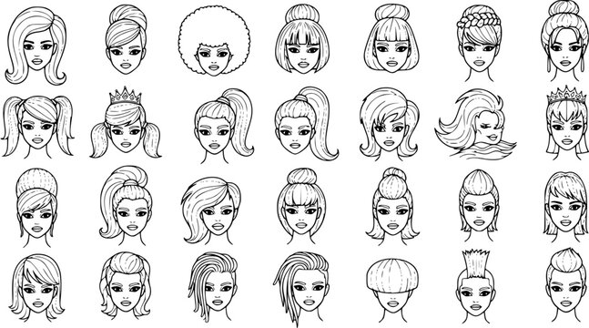 Black and White Line Art Vector of Diverse Female Hairstyles, Beauty and Fashion Concept