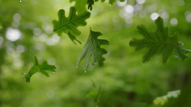 Falling oak leaves in lush green forest captured in slow motion on a rainy day