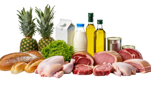 Assortment of fresh food items including pineapples lettuce bread chicken raw meat cuts milk olive oil, and canned goods