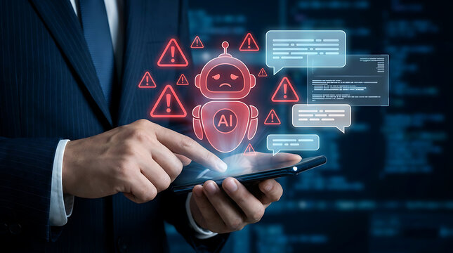 Businessman using a smartphone with a glowing sad ai robot and red warning triangles alongside digital text boxes showing system error logs and data