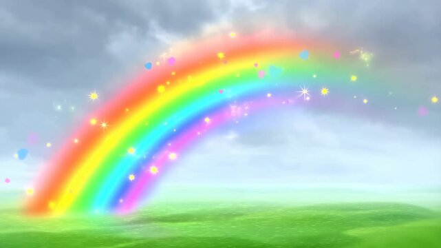 Colorful rainbow arches over green field with sparkling stars and balloons emerge