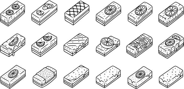 Black and White Line Art Vector Illustrations of Various Decorated Rectangular Cakes and Pastries