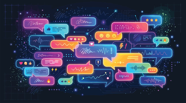 Neon speech bubbles and chat icons on dark background, glowing digital communication elements, futuristic social media message vector