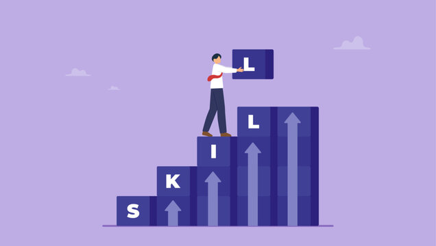 Businessman develop or build upskill rising box stack. Upskill develop or learning new skills to success in work, career development, performance improvement, study knowledge or try new jobs.