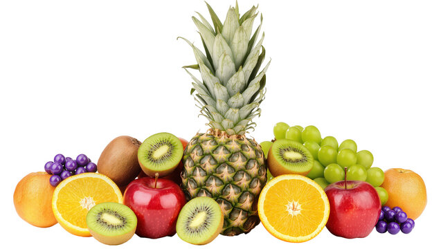 Assorted fresh fruits including pineapple apples oranges kiwis grapes, and blueberries
