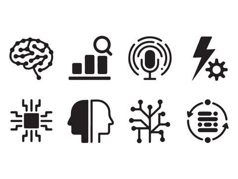 Collection of modern technology and artificial intelligence related icons  brain statistics microphone lightning microchip human head circuit board document  representing innovation and data analysis