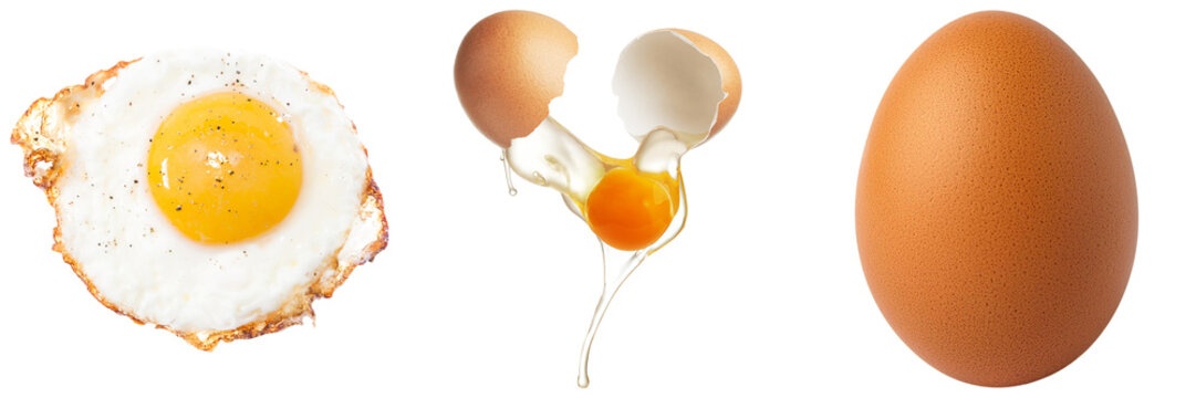 A fried egg, a cracked egg with yolk spilling, and a whole brown egg on a transparent background