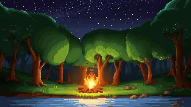 Tranquil pixel art scene of a campfire by a serene lake under a starry night sky. Perfect for evoking feelings of adventure and relaxation in nature