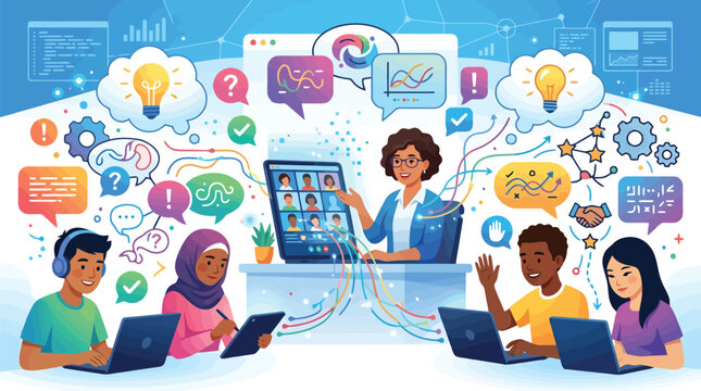 Online education vector illustration, diverse students learning via video conference, digital classroom with teacher and creative brainstorming icons