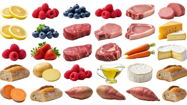 Assortment of fresh food items including fruits vegetables meats cheese bread, and oil