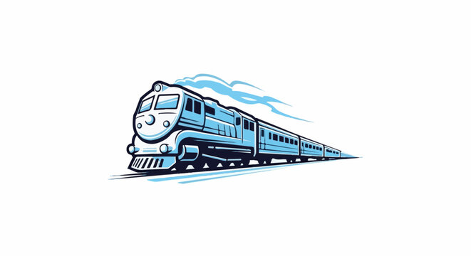 Blue stylized train speeding down tracks