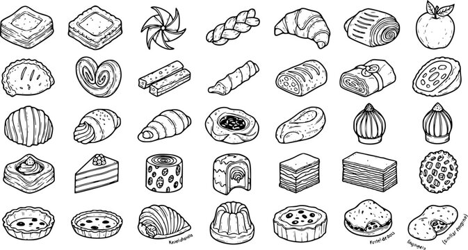 Food Industry Black and White Hand-Drawn Line Art Vector Set of Bakery Pastries, Desserts, Cakes, and Sweet Baked Goods Icons