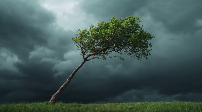Solitary windswept tree leaning against dramatic stormy sky resilience concept